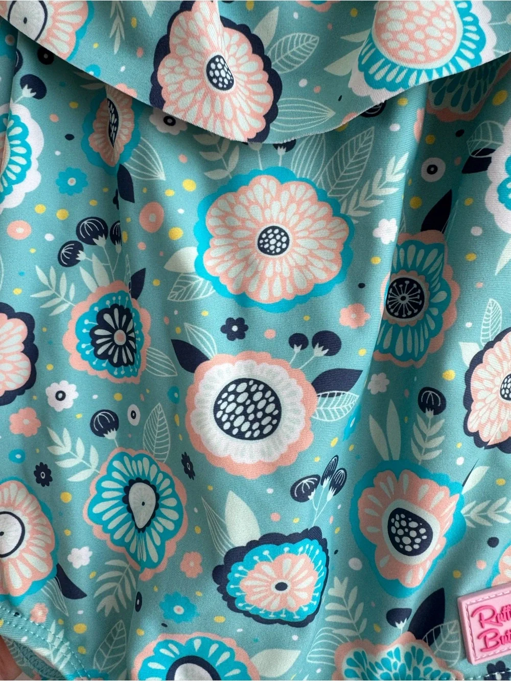 RuffleButts 2T Teal Retro Floral Flutter One-Piece Swimsuit UPF 50+